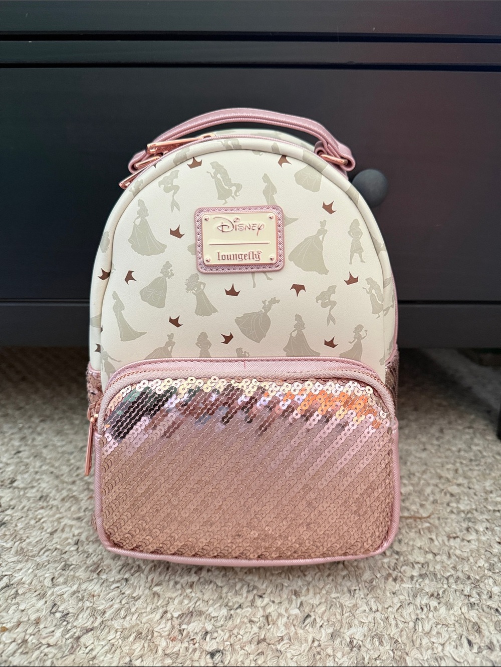Loungefly Disney Princesses Pink and Rose Gold Sequin Kids Mini Backpack